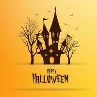 contento Halloween giallo invito carta sfondo con desiderio testo e volante pipistrelli sopra raccapricciante albero e braccato Casa vettore