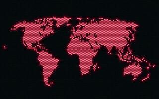 il mondo carta geografica è fatto su di rosso punti. rosa raggiante moderno mondo carta geografica. sorprendente nero sfondo vettore
