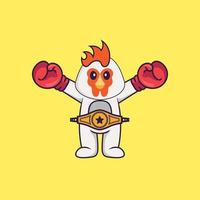 simpatico pollo in costume da boxer con cintura da campione. concetto animale del fumetto isolato. può essere utilizzato per t-shirt, biglietti di auguri, biglietti d'invito o mascotte. stile cartone animato piatto vettore