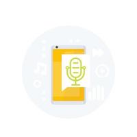 podcast, icona di vettore di app audio con microfono e smartphone