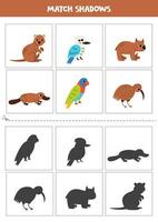 trova ombre di carino australiano animali. carte per bambini. vettore