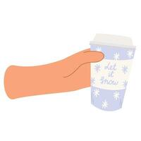 caffè tazze con fiocco di neve isolato su bianca sfondo. mano Tenere caffè tazza. tazza con Natale design. Ciao inverno di stagione concetto. vettore
