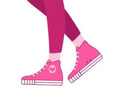 gambe di un' ragazza nel scarpe da ginnastica. rosa scarpe da ginnastica per jogging e gli sport. moderno alla moda scarpe, sport stile. confortevole in esecuzione scarpe. vettore illustrazione su isolato bianca sfondo.