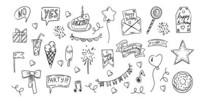 compleanno scarabocchio impostare. mano disegnato vettore contento compleanno schizzi su bianca sfondo. Busta, torta, Palloncino, ghiaccio crema, bandiere, cuori, etichette, nastri, arco, regalo, stella.