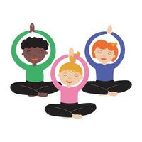 bambini yoga mano disegnato vettore illustrazione. bambini nel il loto posizione siamo impegnato nel esercizi, respirazione pratiche, esercizi. gli sport ricreazione a scuola, prescolastico sviluppo. design elemento