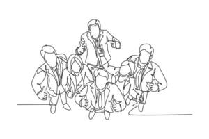 singolo continuo linea disegno gruppo di linea su giovane contento uomini d'affari e donna d'affari in piedi su insieme dando pollici su gesto a partire dal superiore Visualizza. uno linea disegnare grafico design vettore illustrazione