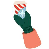caffè tazze con fiocco di neve isolato su bianca sfondo. un' mano nel guanti detiene un' tazza di caffè. tazza con Natale design. Ciao inverno di stagione concetto. vettore