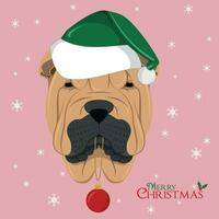 Natale saluto carta. shar pei cane con verde Babbo Natale cappello e Natale giocattolo palla vettore