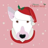 Natale saluto carta. Toro terrier cane con rosso Babbo Natale cappello vettore