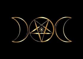 simbolo del pentacolo wicca della dea tripla luna, icona dorata della stregoneria vettore