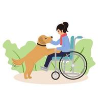 ragazza in sedia a rotelle gioca con il suo cane, terapia riabilitativa vettore