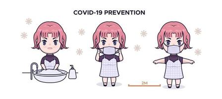 carino chibi girl covid 19 prevenzione infografica illustrazione vettore