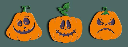 Halloween zucca impostato con unico expresion nel carta tagliare stile. vettore