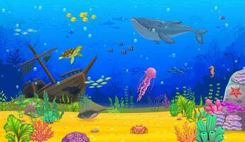 cartone animato subacqueo paesaggio. balena, affondata nave vettore