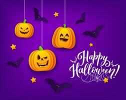 Halloween carta tagliare zucche e volante pipistrelli vettore