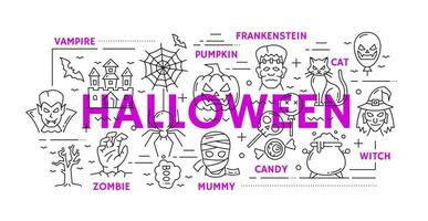 Halloween linea arte bandiera con vacanza personaggi vettore