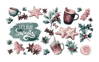 acquerello Natale impostato di delizioso biscotti, bevande e scritta. vettore illustrazione per striscione, carte, inviti, ragnatela, sociale media, pubblicità Stampa e design