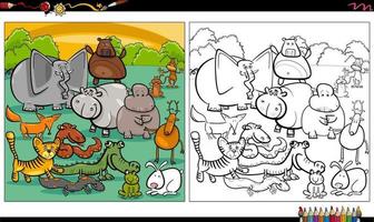 pagina del libro da colorare del gruppo di animali selvatici dei cartoni animati vettore