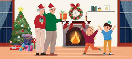 Natale illustrazione interno con nonni dando i regali per nipoti. famiglia, celebrazione, Natale concetto vettore