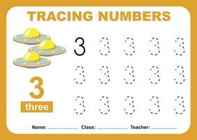 tracciare e Scrivi numero per bambini. esercizio per bambini per riconoscere il numero. educativo foglio di lavoro per prescolastico vettore