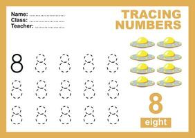 tracciare e Scrivi numero per bambini. esercizio per bambini per riconoscere il numero. educativo foglio di lavoro per prescolastico vettore