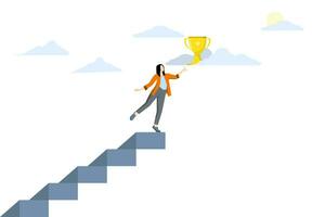 concetto di attività commerciale obiettivi, missione risultato, carriera crescita, abilità per successo o le scale per raggiungere obiettivi. donna d'affari arrampicata le scale per raggiungere oro vincitore trofeo su blu sfondo. vettore