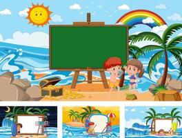 set di diverse scene di spiaggia tropicale con banner bianco vettore