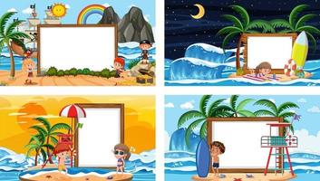 set di diverse scene di spiaggia tropicale con banner bianco vettore