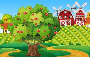 scena della fattoria con un grande albero di mele e un mulino a vento vettore