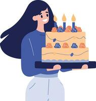 mano disegnato femmina personaggio con compleanno torta nel piatto stile vettore