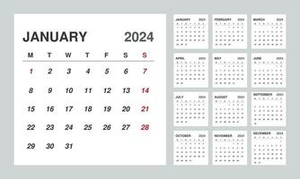 parete calendario nel un' minimalista stile. mensile calendario modello per 2024 anno vettore