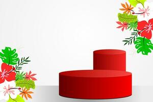 esclusivo 3d minimo modello scena. Due rosso podi forma con un' tropicale le foglie e fiori su il morbido grigio sfondo per mostrare Prodotto Schermo. 3d vettore illustrazione.