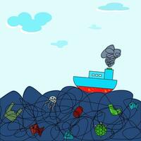 cartone animato barca nel il oceano con vario spazzatura vettore