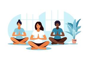 lezione di yoga. meditazione. allenamento di gruppo. illustrazione piatta. vettore. vettore