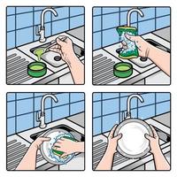 mani che lavano i piatti con spugna e acqua saponata illustrazione vettore
