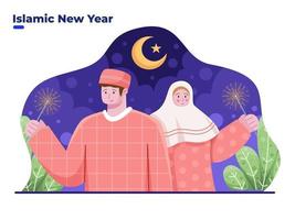 la coppia musulmana celebra il capodanno islamico, il capodanno hijri, vettore
