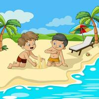 carino bambini cartone animato fabbricazione sabbia castello a il spiaggia vettore