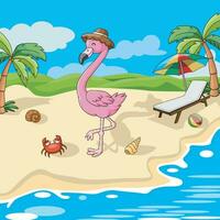 carino fenicottero cartone animato su il spiaggia vettore