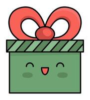 vettore colorato kawaii presente con nastro. carino Natale personaggio illustrazione isolato su bianca sfondo. nuovo anno o inverno sorridente regalo scatola. divertente cartone animato vacanza icona