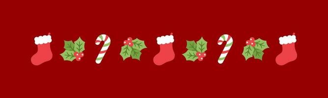 Natale a tema decorativo confine e testo divisore, Natale calza, caramella canna e vischio modello. vettore illustrazione.