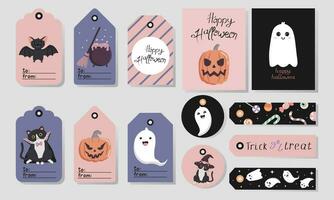 Halloween regalo tag e saluto carte con carino personaggi. stampabile saluto carte illustrazione. design per Halloween nel pastello colori. vettore
