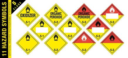 pieno impostato di 11 classe 5 isolato pericoloso Materiale segni. ossidante agente, biologico perossido. Hazmat isolato cartelli. ufficiale rischio pittogrammi standard. vettore