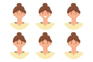 cartone animato. icone di femmina emozioni. isolato ragazza con diverso facciale espressioni. vettore illustrazione di emotivo facce per adesivi, ragnatela, sociale Rete account