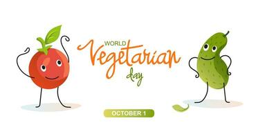 mondo vegetariano giorno ragnatela striscione. lettering per vegano giorno. divertente la verdura, cetriolo e pomodoro. vettore piatto illustrazione.