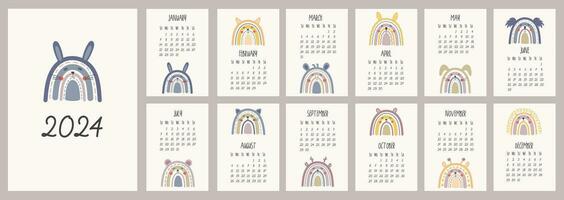 calendario 2024 modello. mensile calendario 2024 con boho carino animali arcobaleni coniglietto, Volpe, Leone, gatto, giraffa. di moda colori, cartone animato stile. inizia su domenica. un' moderno calendario per bambini. vettore