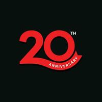 rosso colore 20 anniversario logo design su nero sfondo. 20 anni anniversario icona, francobollo, etichetta con nastro. compleanno celebrazione saluto carta cartello e simbolo di numero 20. vettore
