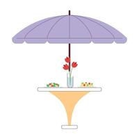 ombrello terrazza cenare tavolo cena servito 2d cartone animato oggetto. all'aperto ristorante mobilia isolato vettore articolo bianca sfondo. parasole tavolo con romantico cena colore piatto individuare illustrazione