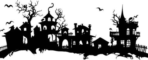 piccolo cartone animato cittadina silhouette case alberi nero e bianca. vettore illustrazione con Fata cittadina silhouette. Halloween villaggi silhouette vettore illustrazione.