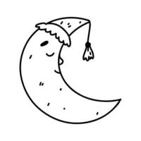 carino addormentato Luna con berretto da notte. mano disegnato scarabocchio stile. vettore illustrazione isolato su bianca. colorazione pagina.