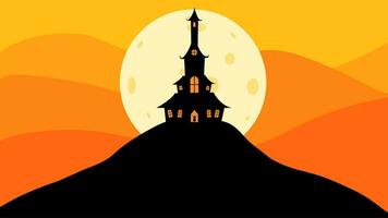 Halloween castello piatto design vettore illustrazione. Halloween bandiera con silhouette di pauroso castello su arancia sfondo con pieno Luna. illustrazione per vacanza carte, inviti, banner